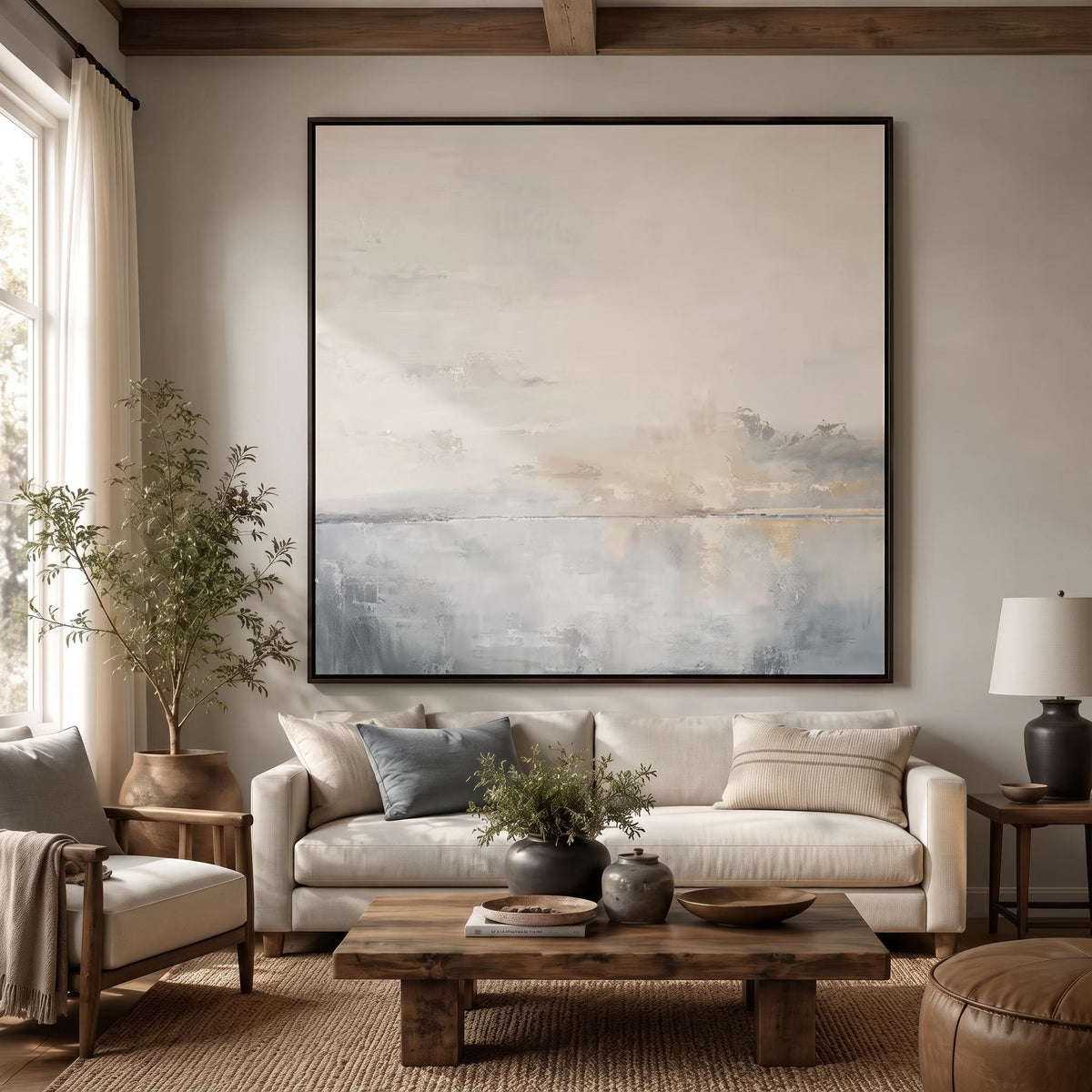 "Square Hazy Abstract Seascape" - Modern Heavy Impasto Coastal Landscape | Beige Palette Knife Painting | Luxury Square Wall Art #PT 2607