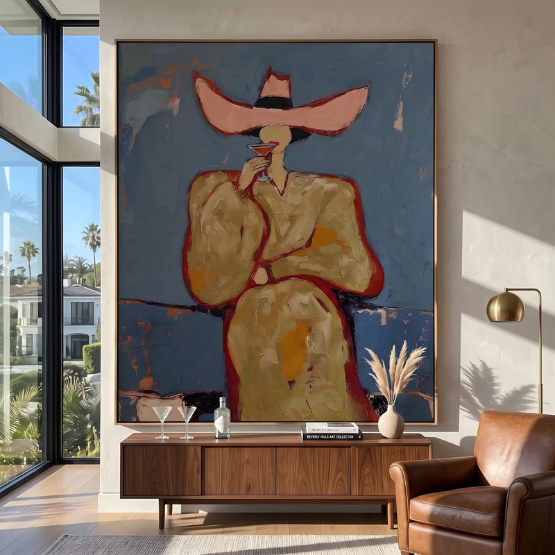 "Pink cowboy hat woman drinking cocktail" - Modern Heavy Impasto Western Animal Artwork | Golden & Orange Palette Knife Painting | Luxury Vertical Wall Art #PT 2643