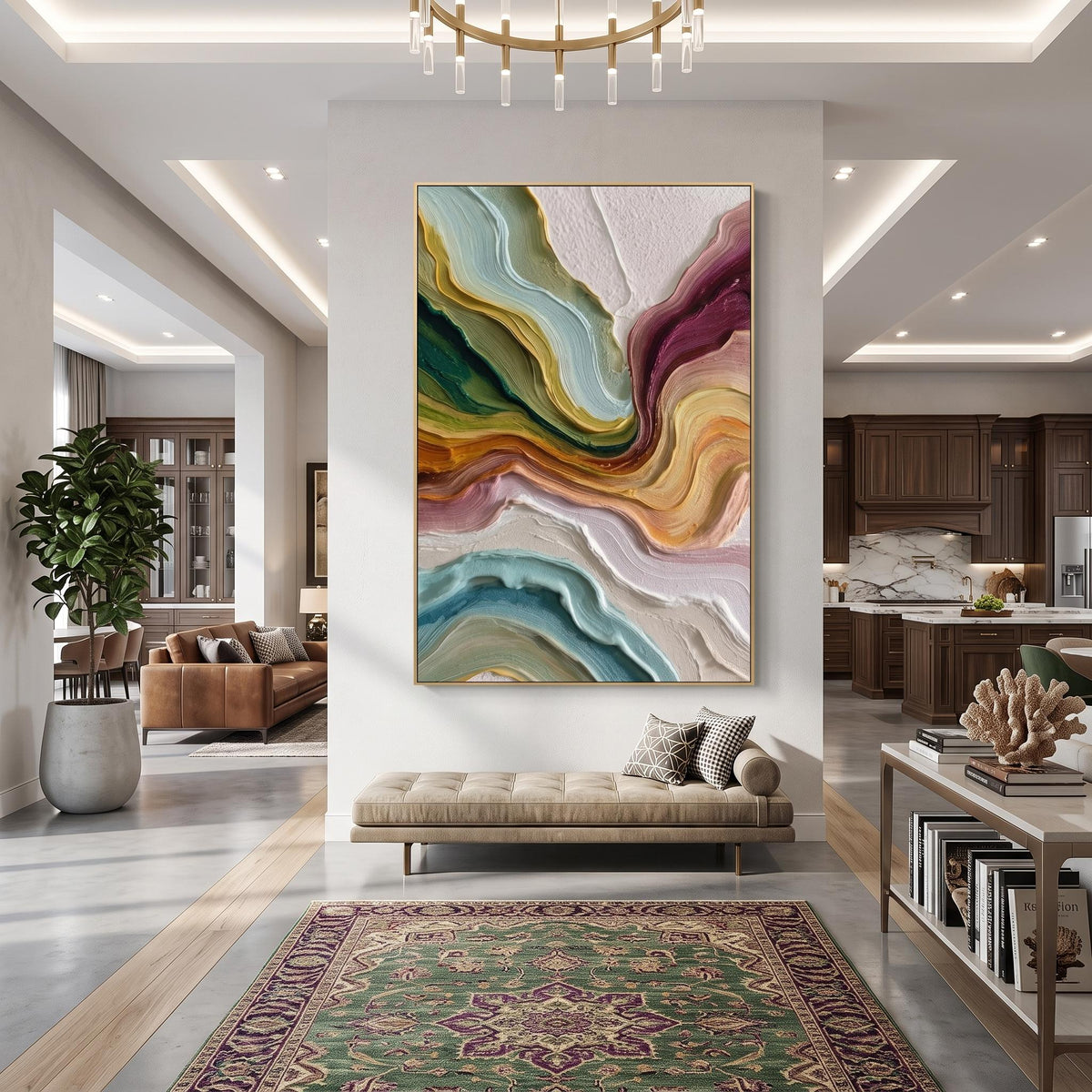 "Multicolor Layer Flow Abstract Wall" - Modern Heavy Impasto Abstract Artwork | Beige Palette Knife Painting | Luxury Vertical Wall Art #PT 2621