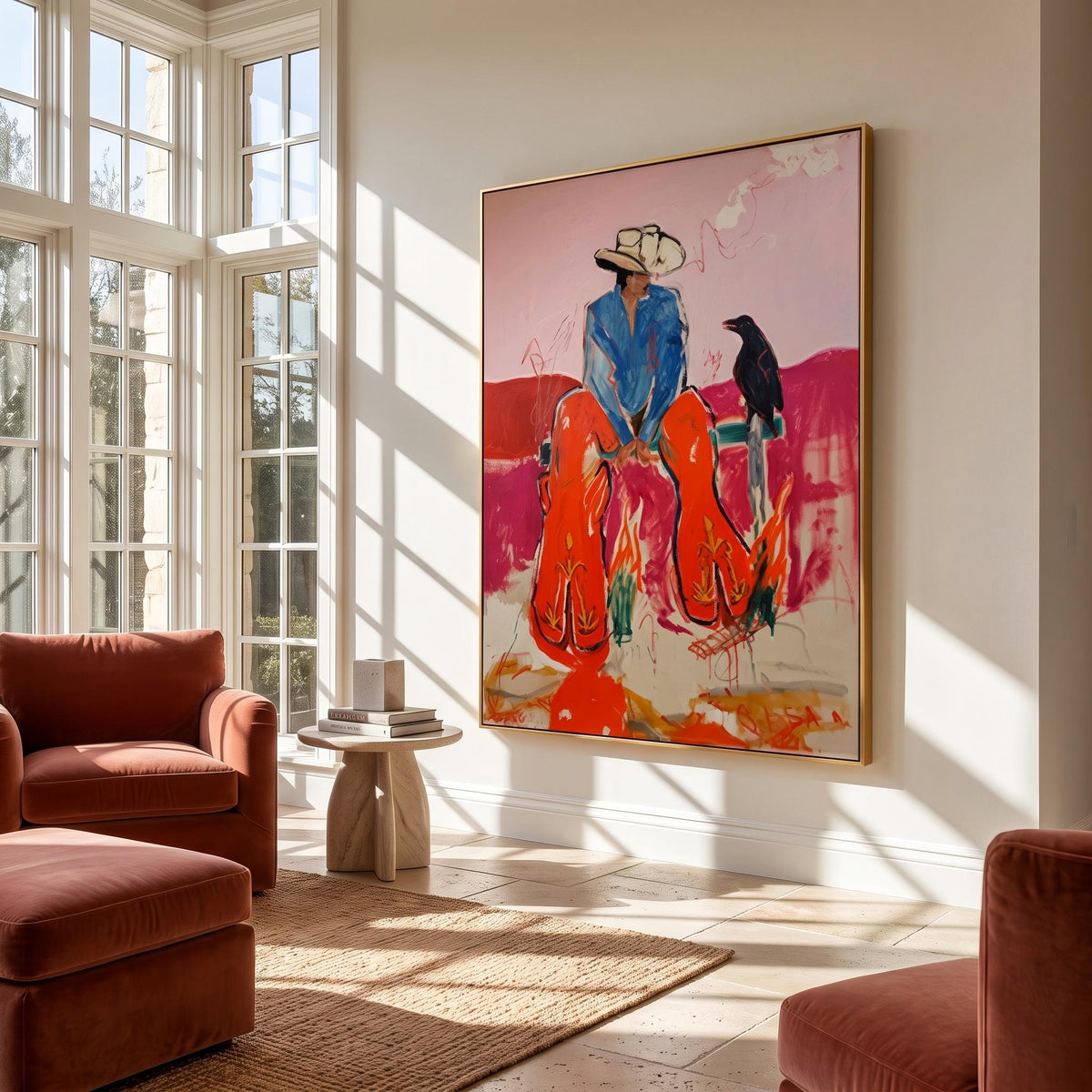 "Crow Cowboy" - Modern Heavy Impasto Western Animal Artwork | Pink Palette Knife Painting | Luxury Vertical Wall Art #PT 2649