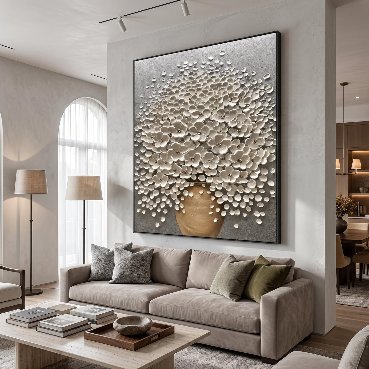 "Luxury 3D Blossom Wall" - Modern Heavy Impasto Floral Abstract | 3D Grey Palette Knife Painting | Luxury Vertical Wall Art #PT 2616