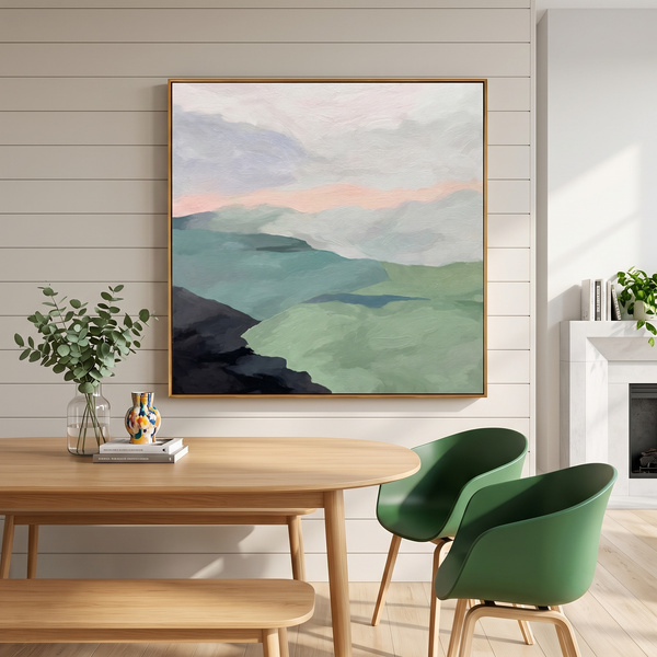 "Misty Pastel Mountain Ridges" – Modern Heavy Impasto Minimalist Landscape | 3D Sage Green & Blush Dusk Palette Knife Painting | Luxury Square Wall Art #PT 569