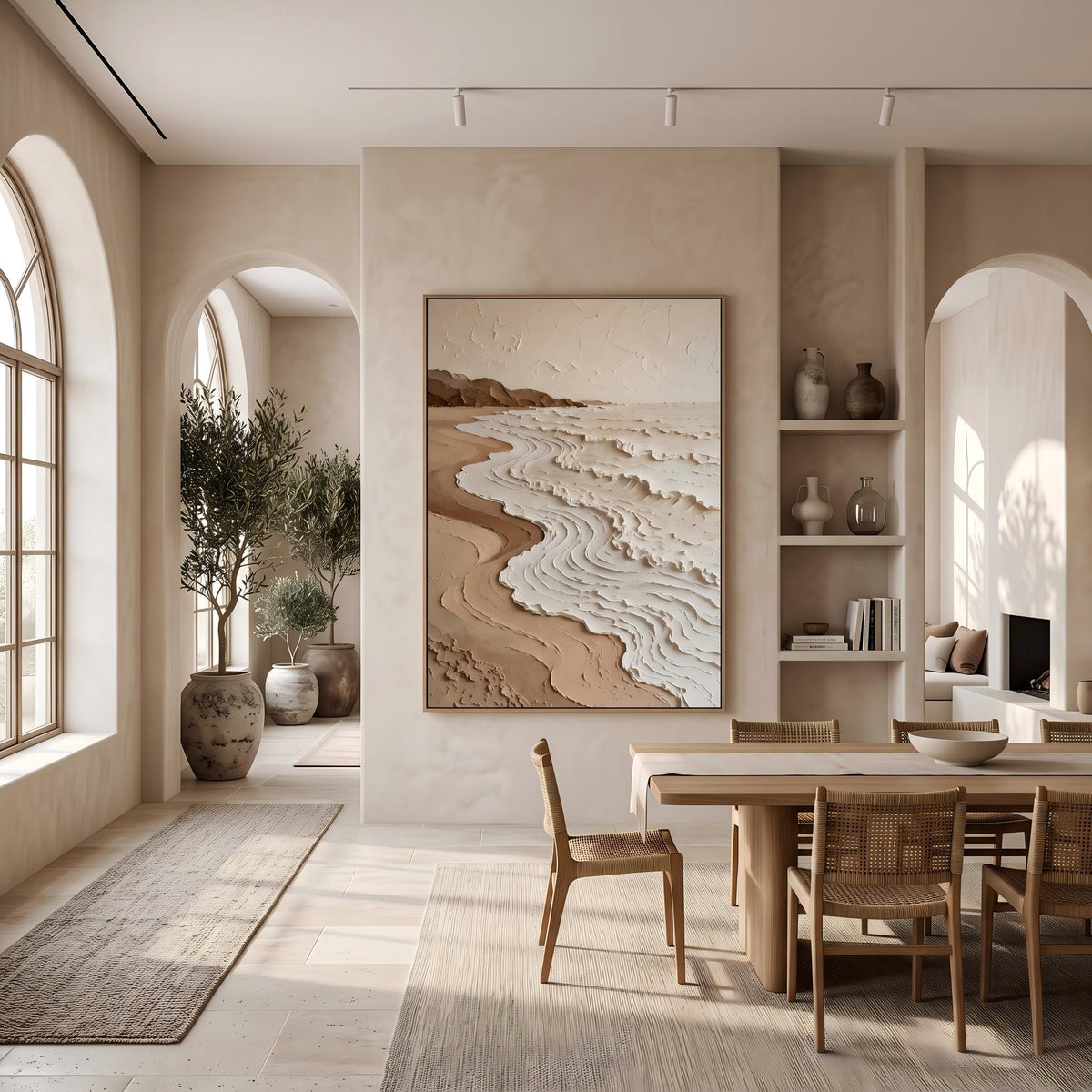 "Neutral Tones Stereoscopic Seaside Wall Decor" - Modern Heavy Impasto Coastal Landscape | Beige Palette Knife Painting | Luxury Vertical Wall Art #PT 2604