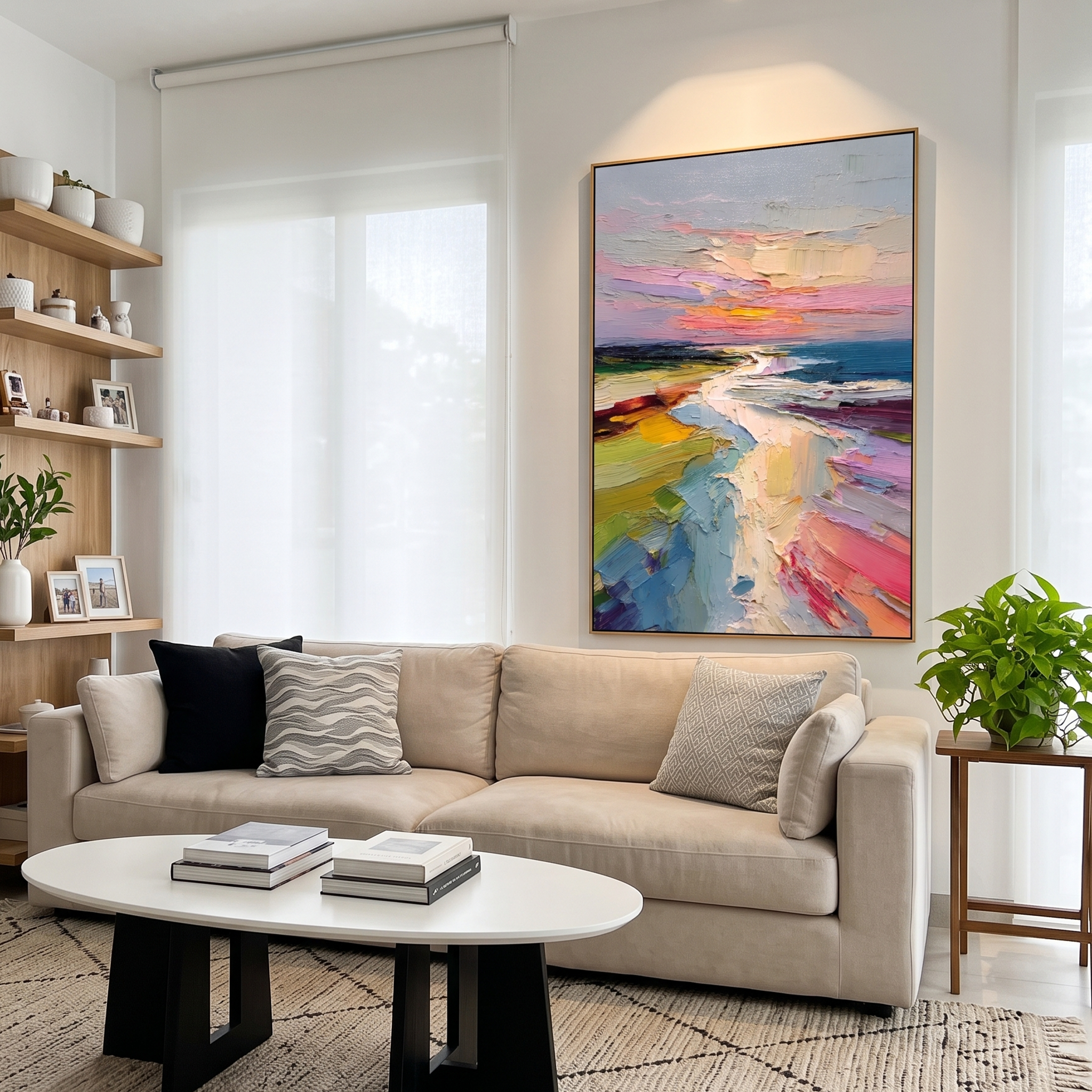 "Pastel Sunset Coastal Path" - Modern Heavy Impasto Impressionist Seascape | 3D Blush Pink & Mint Teal Palette Knife Painting | Luxury Vertical Wall Art #PT 586