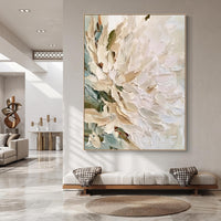 "Vertical Impasto White Flower" - Modern Heavy Impasto Floral Abstract | Beige Palette Knife Painting | Luxury Vertical Wall Art #PT 2620