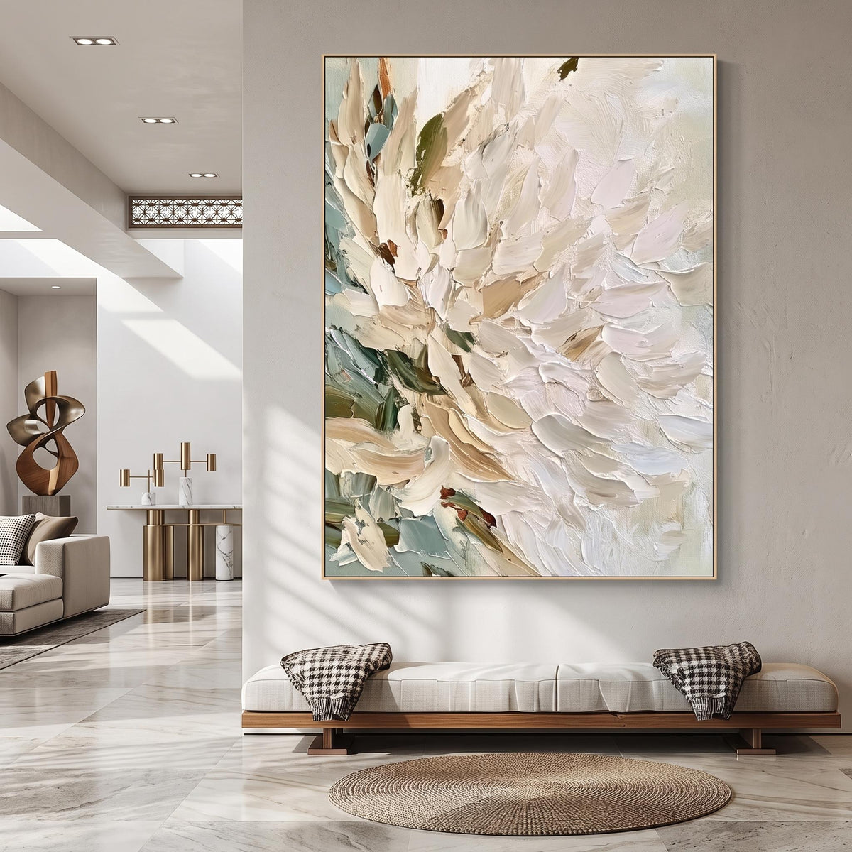 "Vertical Impasto White Flower" - Modern Heavy Impasto Floral Abstract | Beige Palette Knife Painting | Luxury Vertical Wall Art #PT 2620