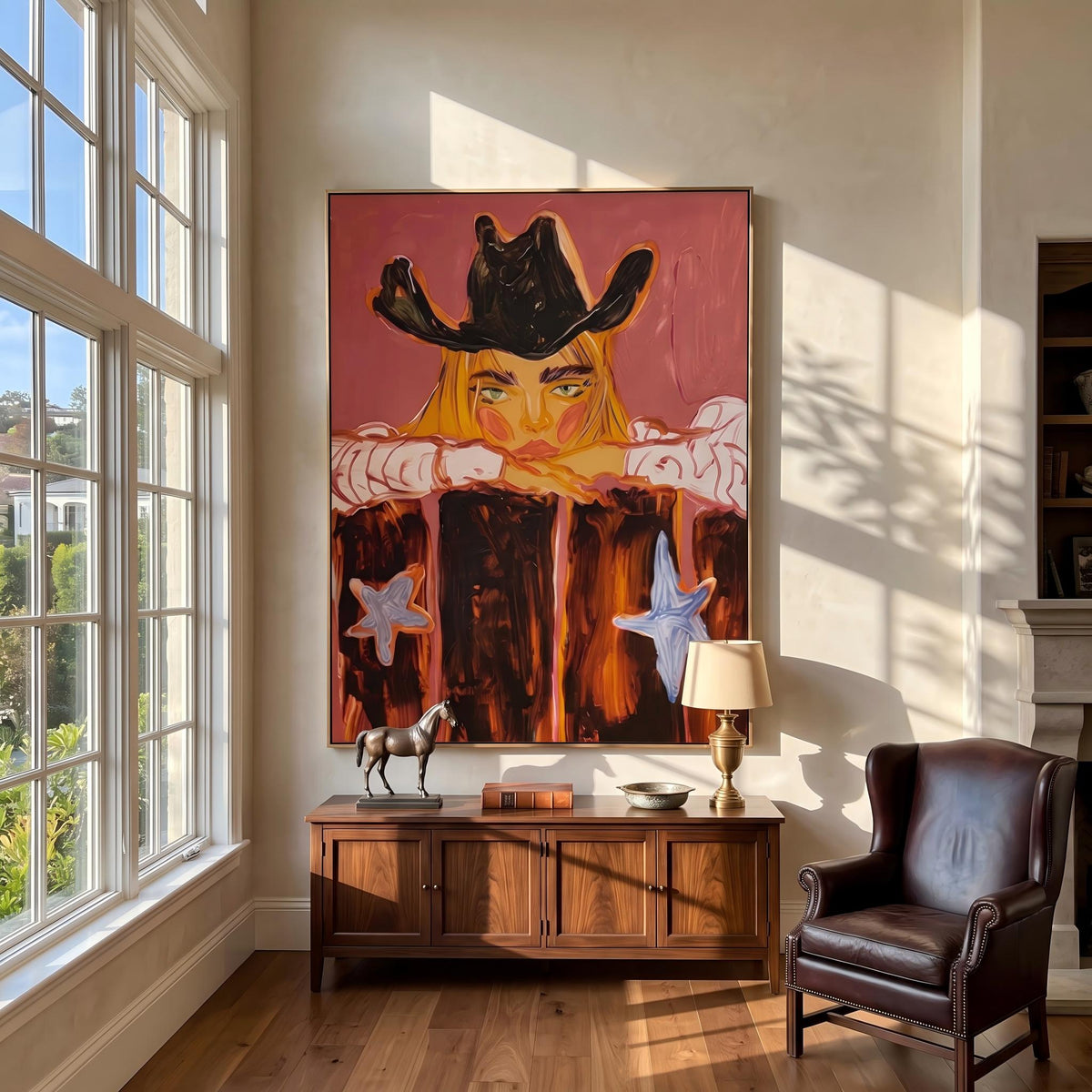"Western Cowboy Girl" - Modern Heavy Impasto Western Animal Artwork | Orange Palette Knife Painting | Luxury Vertical Wall Art #PT 2647