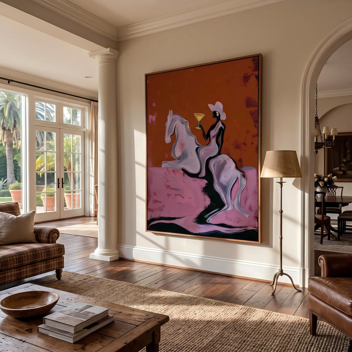 "Cowgirl Martini Ride" - Modern Heavy Impasto Western Animal Artwork | Pink Palette Knife Painting | Luxury Vertical Wall Art #PT 2638
