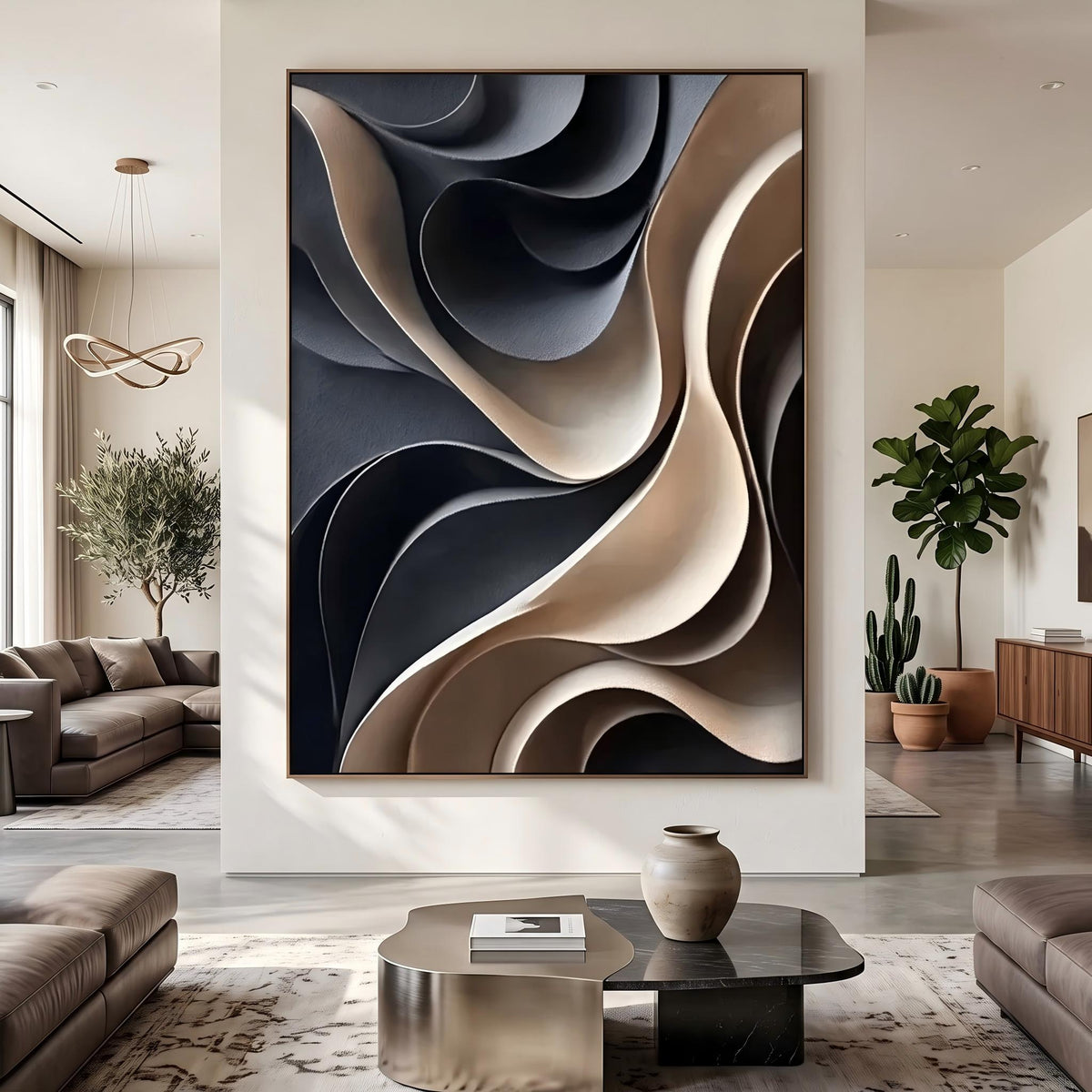 "Layered Wave" - Modern Heavy Impasto Ocean Wave Seascape | Beige Palette Knife Painting | Luxury Vertical Wall Art #PT 2630