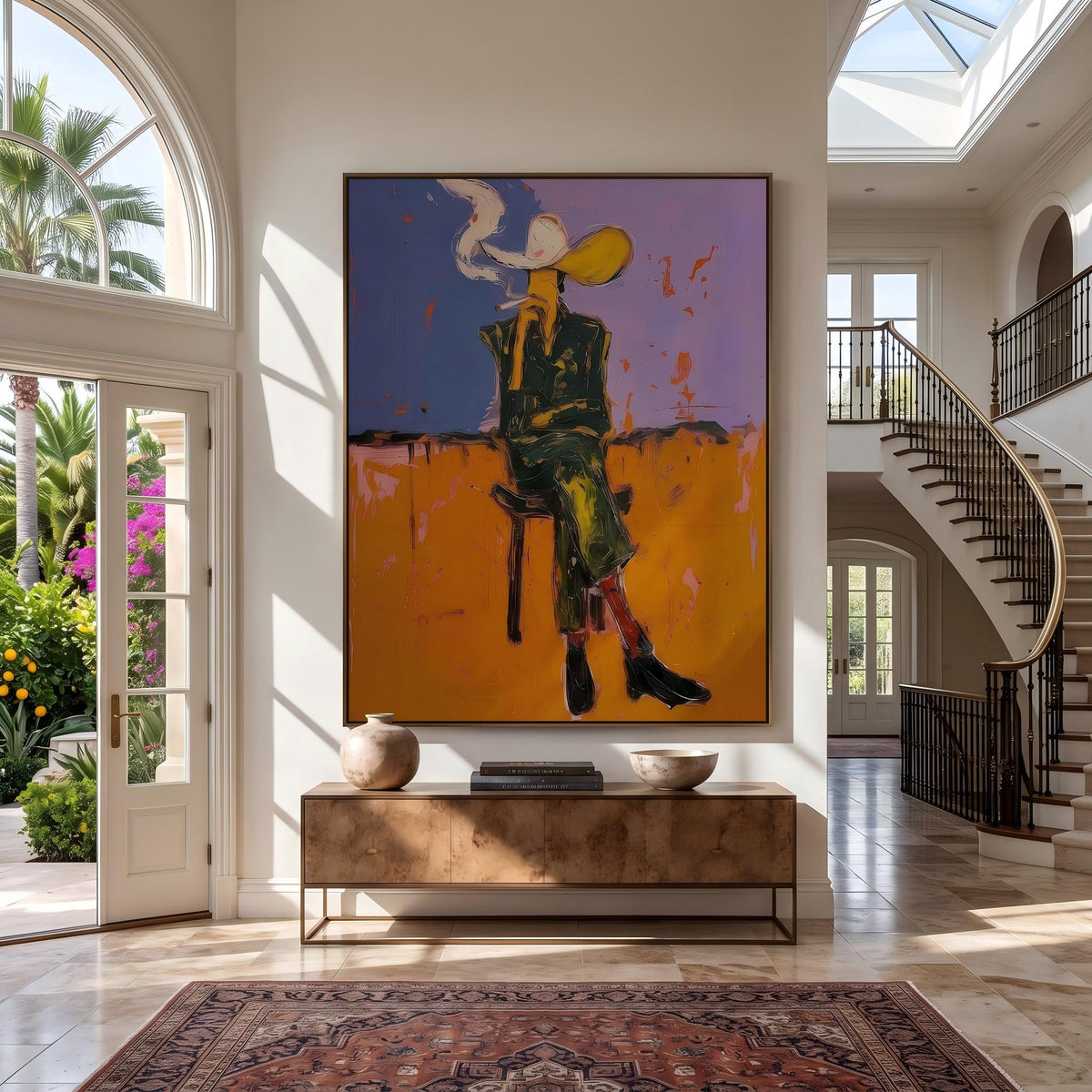 "Cigarettes Western Cowboy" - Modern Heavy Impasto Western Animal Artwork | Orange Palette Knife Painting | Luxury Vertical Wall Art #PT 2646