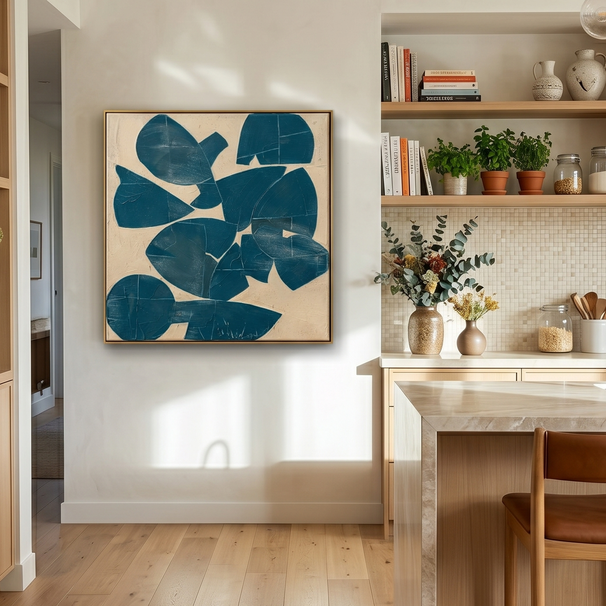 "Deep Blue Narrative" – Mid-Century Modern Geometric Collage | Minimalist Prussian Blue Textured Statement Art #AB1021