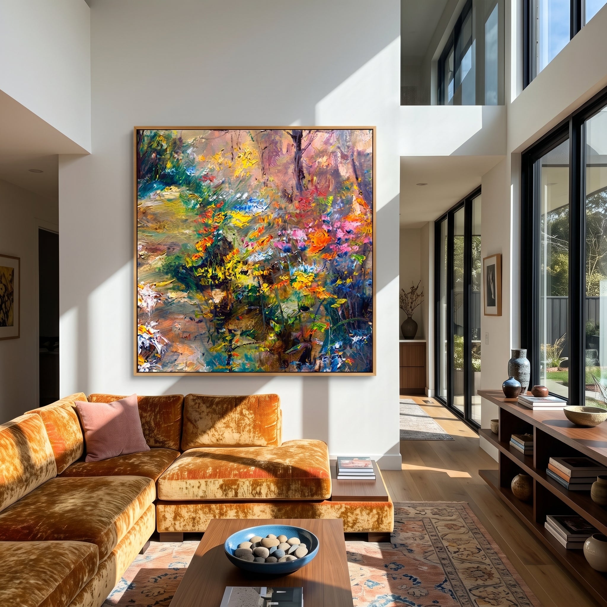 "Wildflower Woodland Bloom" – Modern Heavy Impasto Impressionist Landscape | 3D Golden Citrus & Forest Sage Palette Knife Painting | Luxury Square Wall Art #PT 568