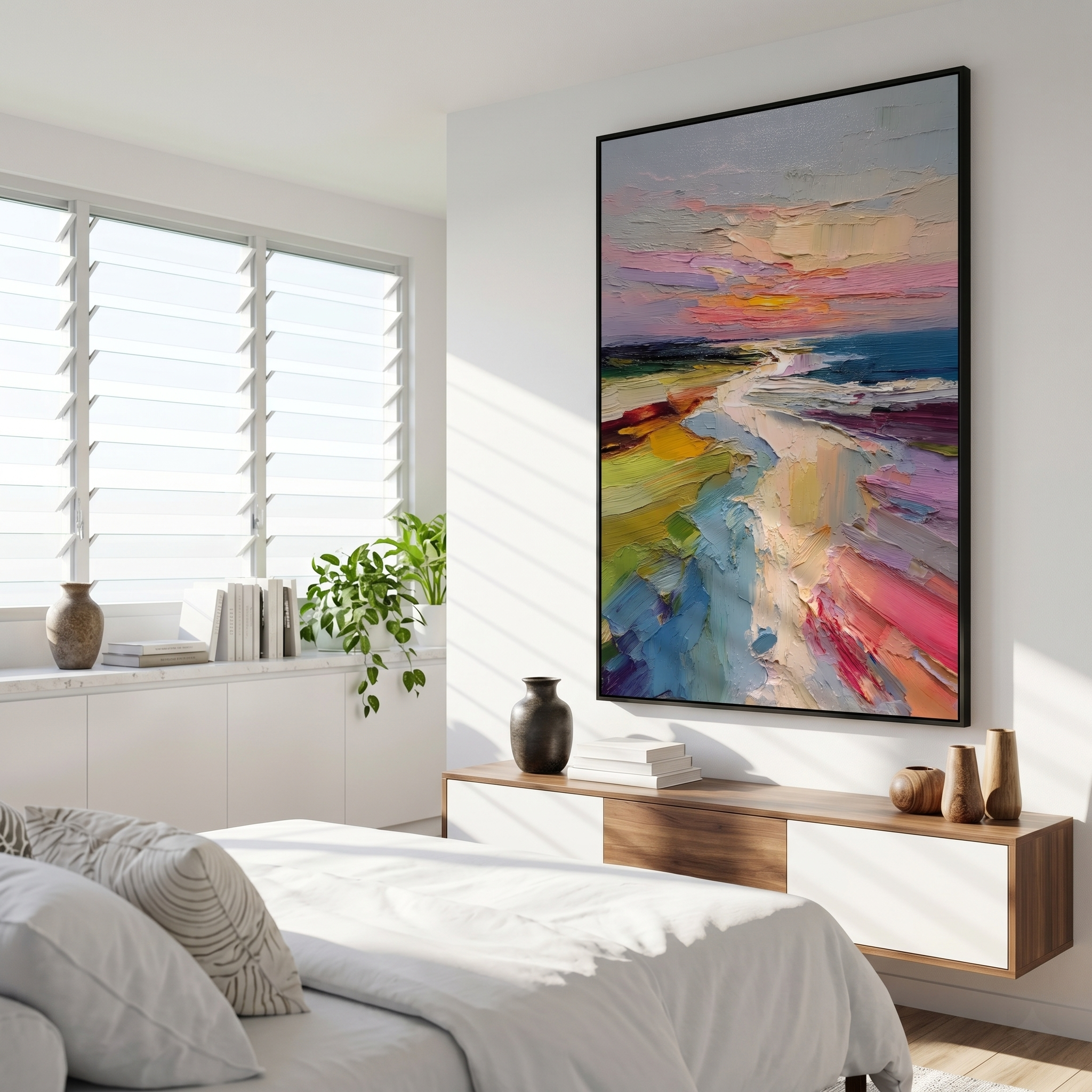 "Pastel Sunset Coastal Path" - Modern Heavy Impasto Impressionist Seascape | 3D Blush Pink & Mint Teal Palette Knife Painting | Luxury Vertical Wall Art #PT 586