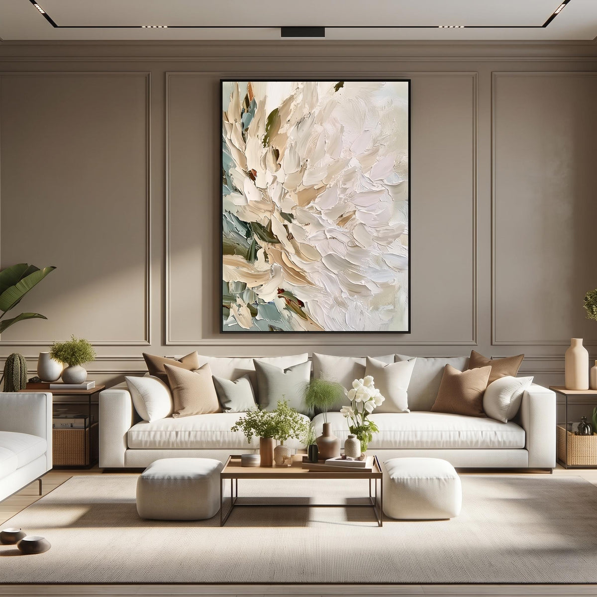 "Vertical Impasto White Flower" - Modern Heavy Impasto Floral Abstract | Beige Palette Knife Painting | Luxury Vertical Wall Art #PT 2620