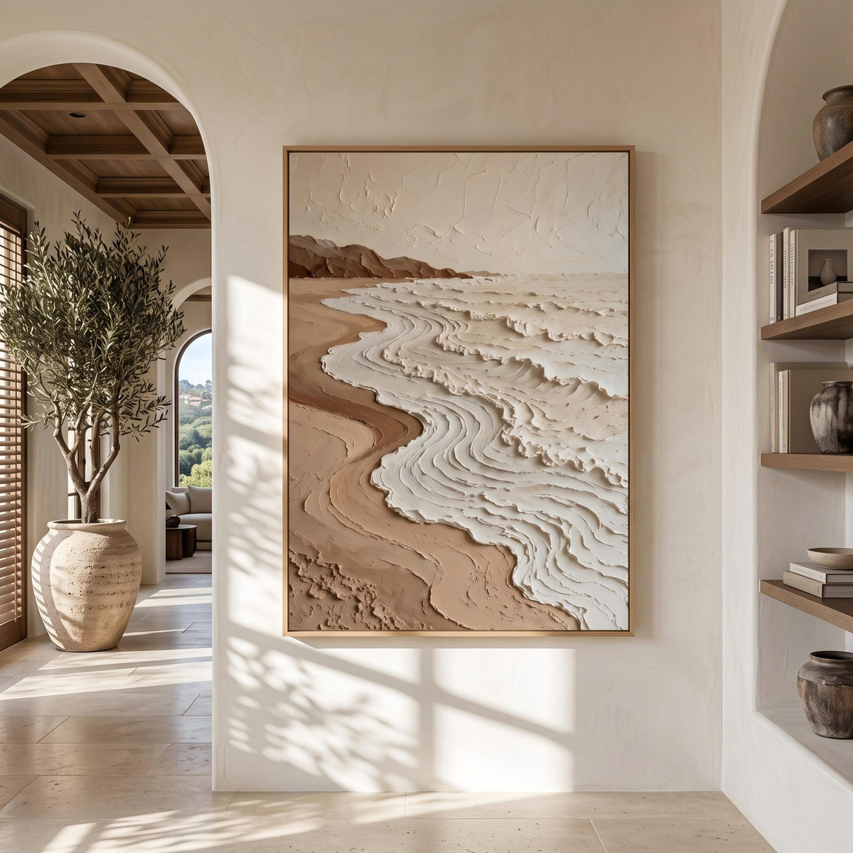 "Neutral Tones Stereoscopic Seaside Wall Decor" - Modern Heavy Impasto Coastal Landscape | Beige Palette Knife Painting | Luxury Vertical Wall Art #PT 2604