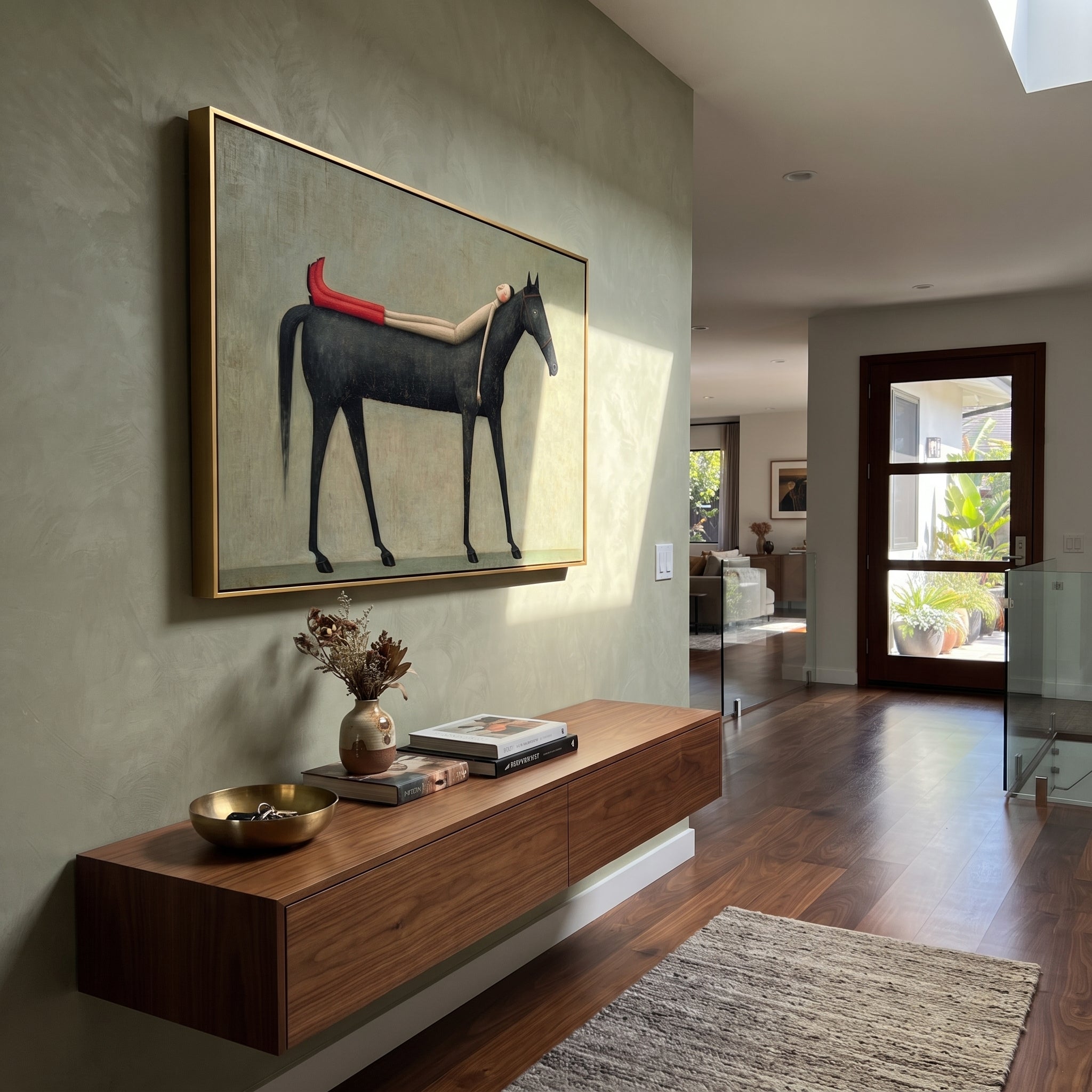 "Resting Figure Upon Black Stallion" – Modern Folk Surreal Impasto Art | 3D Muted Sage & Scarlet Palette Knife Painting | Luxury Horizontal Wall Art #PT 641