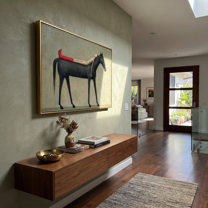"Resting Figure Upon Black Stallion" – Modern Folk Surreal Impasto Art | 3D Muted Sage & Scarlet Palette Knife Painting | Luxury Horizontal Wall Art #PT 641