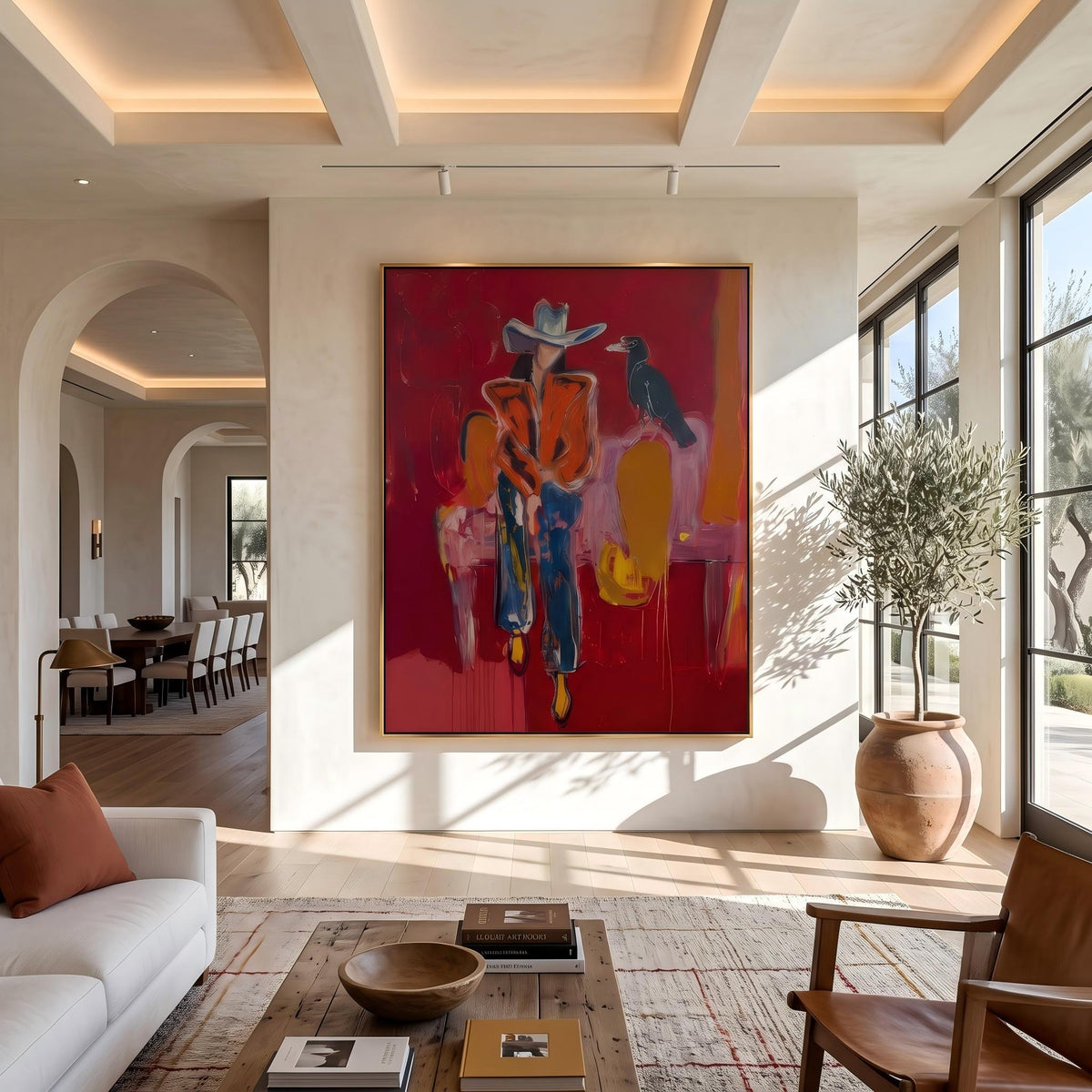 "Crow Cowgirl" - Modern Heavy Impasto Western Animal Artwork | Golden & Pink Palette Knife Painting | Luxury Vertical Wall Art #PT 2642