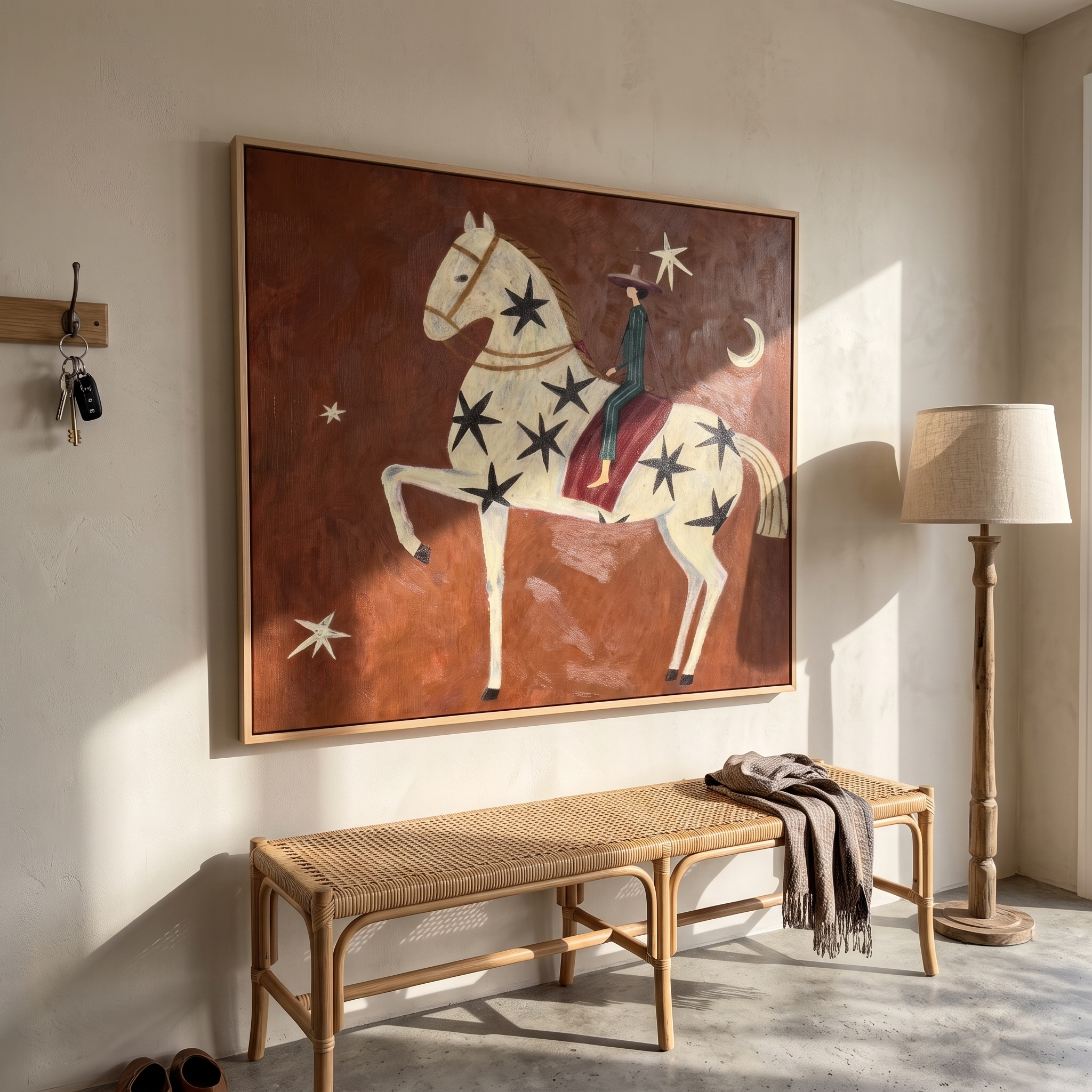 "Starry Midnight Cowboy Steed" – Modern Heavy Impasto Primitive Western Figurative | 3D Rust Umber & Soft Ivory Palette Knife Painting | Luxury Square Wall Art #AB 523