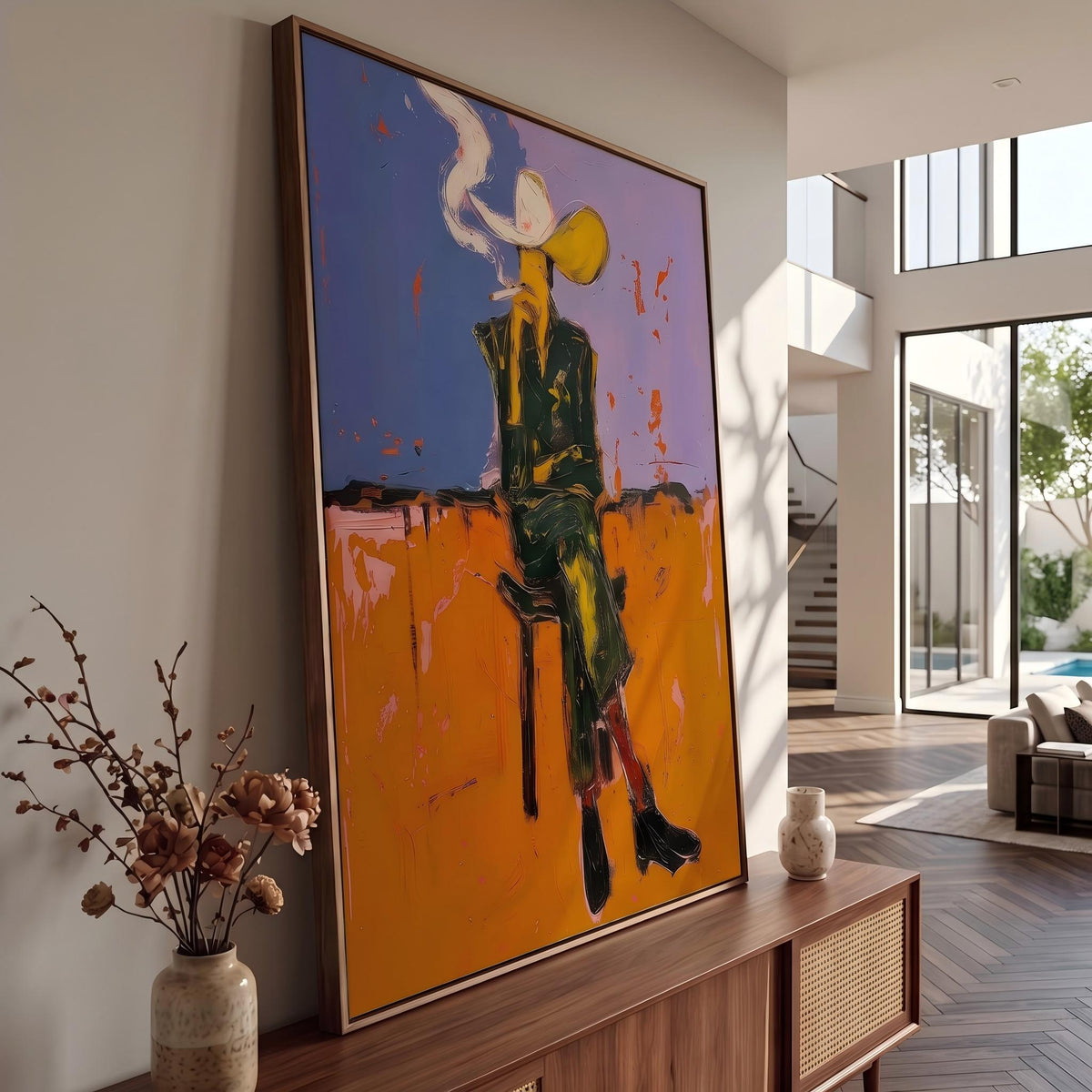 "Cigarettes Western Cowboy" - Modern Heavy Impasto Western Animal Artwork | Orange Palette Knife Painting | Luxury Vertical Wall Art #PT 2646