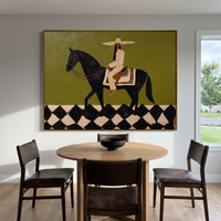 This 100% hand-painted horse and rider artwork pairs a deep green field, bold black horse, cream figure, and graphic diamond base. The composition feels both western and contemporary, making it a strong choice for living rooms, ranch-inspired interiors, restaurants, boutique hotels, and statement walls.
