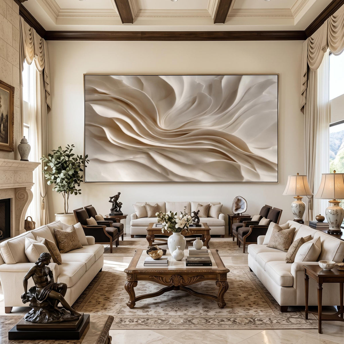 "Earthy‑Tone Soft Fold Abstract Wall" - Modern Heavy Impasto Abstract Artwork | Beige Palette Knife Painting | Luxury Horizontal Wall Art #PT 2614