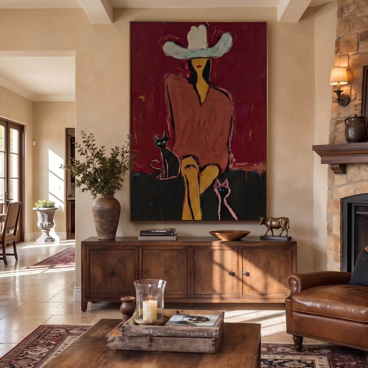 "Western Woman and Cat" - Modern Heavy Impasto Western Animal Artwork | Golden Palette Knife Painting | Luxury Vertical Wall Art #PT 2641