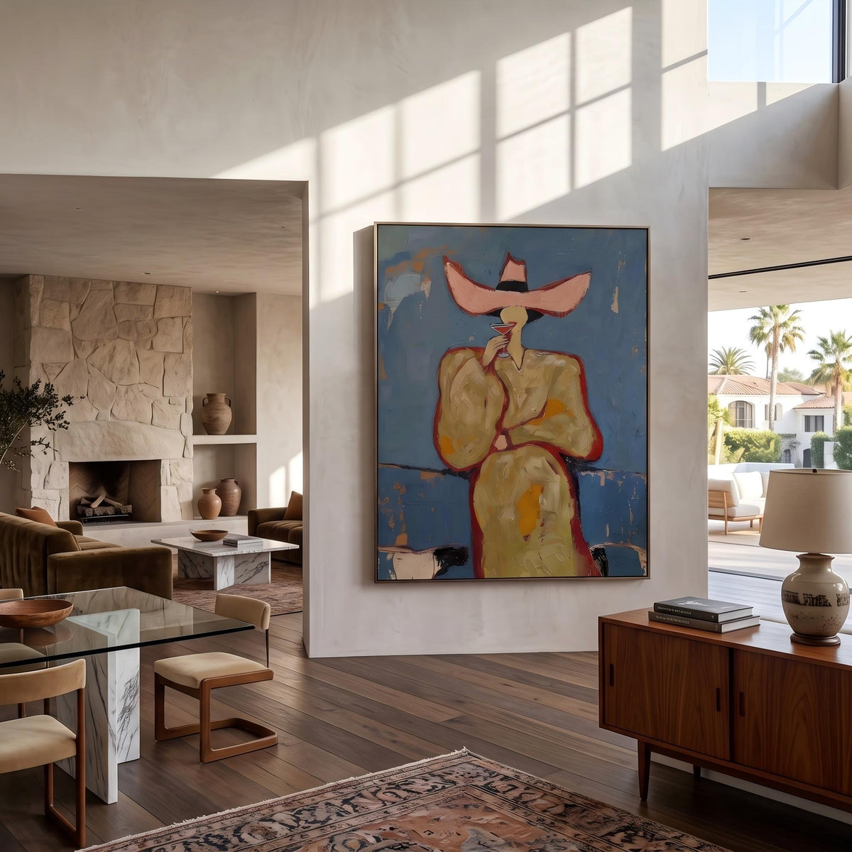 "Pink cowboy hat woman drinking cocktail" - Modern Heavy Impasto Western Animal Artwork | Golden & Orange Palette Knife Painting | Luxury Vertical Wall Art #PT 2643