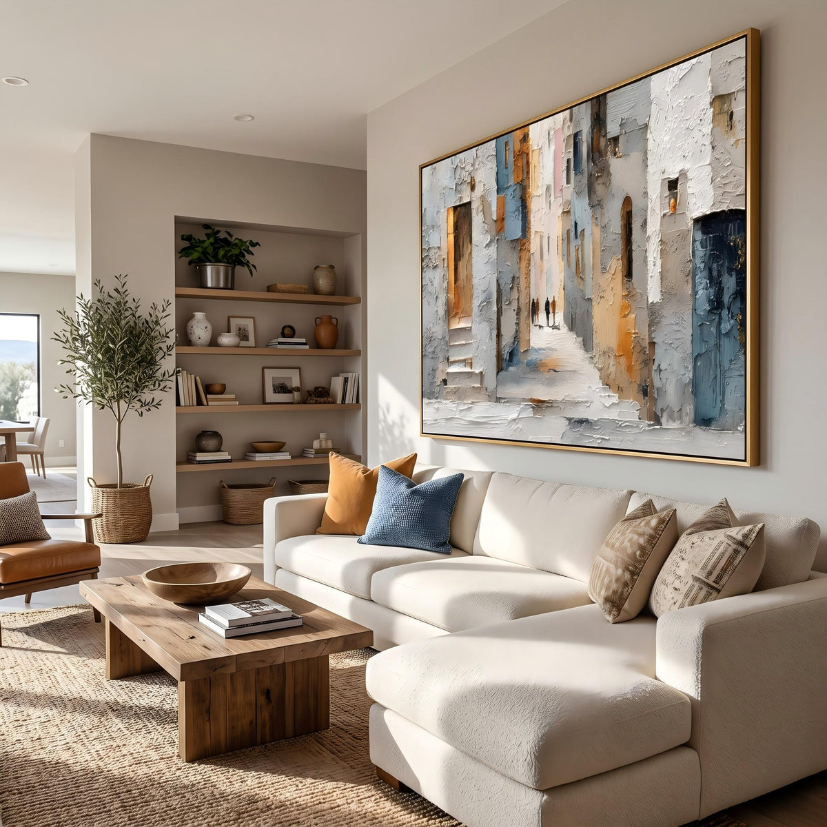 "European Old Town Street" - Modern Heavy Impasto Abstract Artwork | Beige & Grey Palette Knife Painting | Luxury Horizontal Wall Art #PT 2628