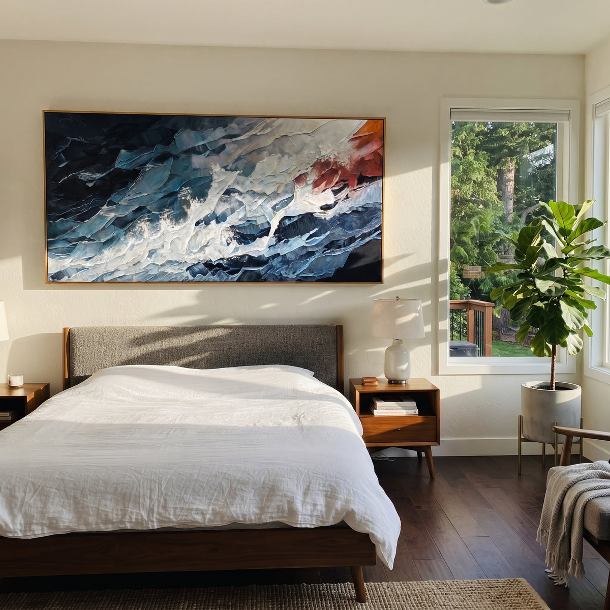 "Azure Ocean Passage" is a 100% hand-painted seascape created with professional oil and acrylic paints on high-quality canvas. Its blue & red palette and visible textured strokes give every piece authentic handmade variation and tactile depth.