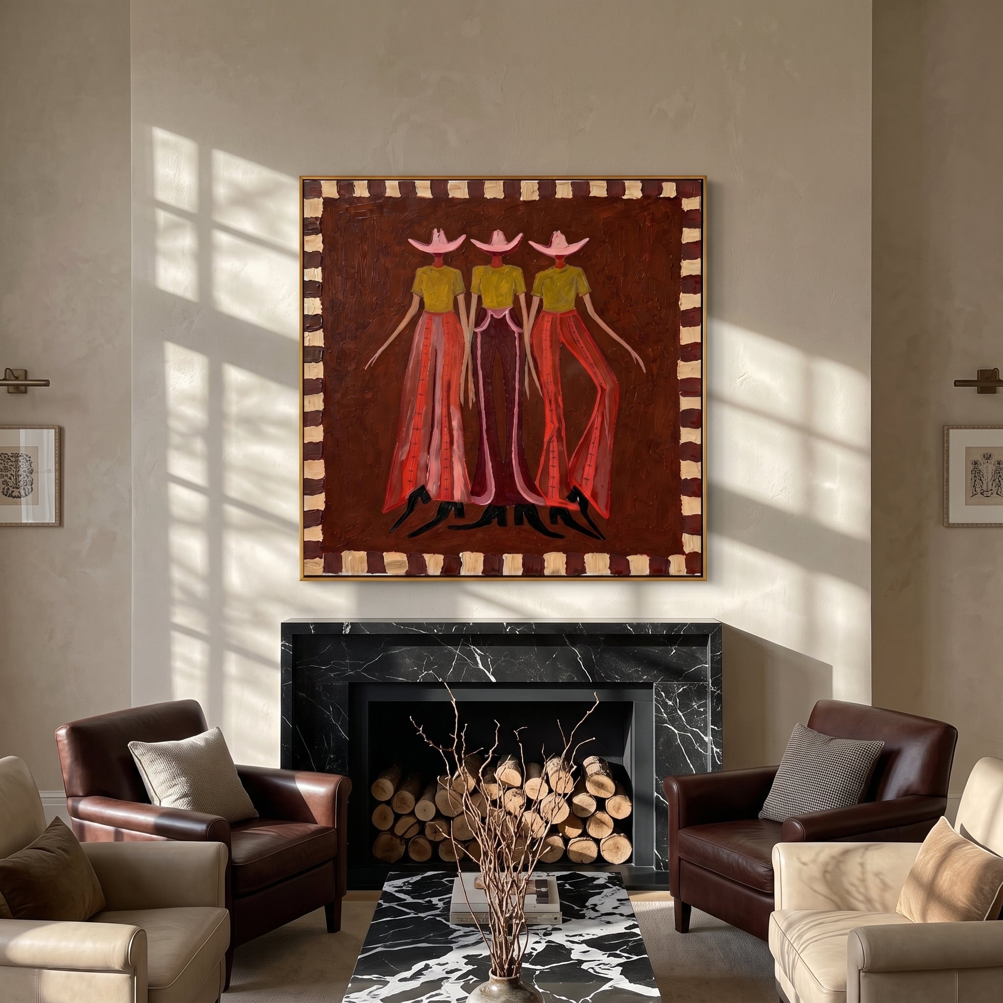 "Trio Retro Cowgirl Figures" – Modern Heavy Impasto Folk Western Figurative | 3D Cocoa Umber & Blush Terracotta Palette Knife Painting | Luxury Square Wall Art #AB 524