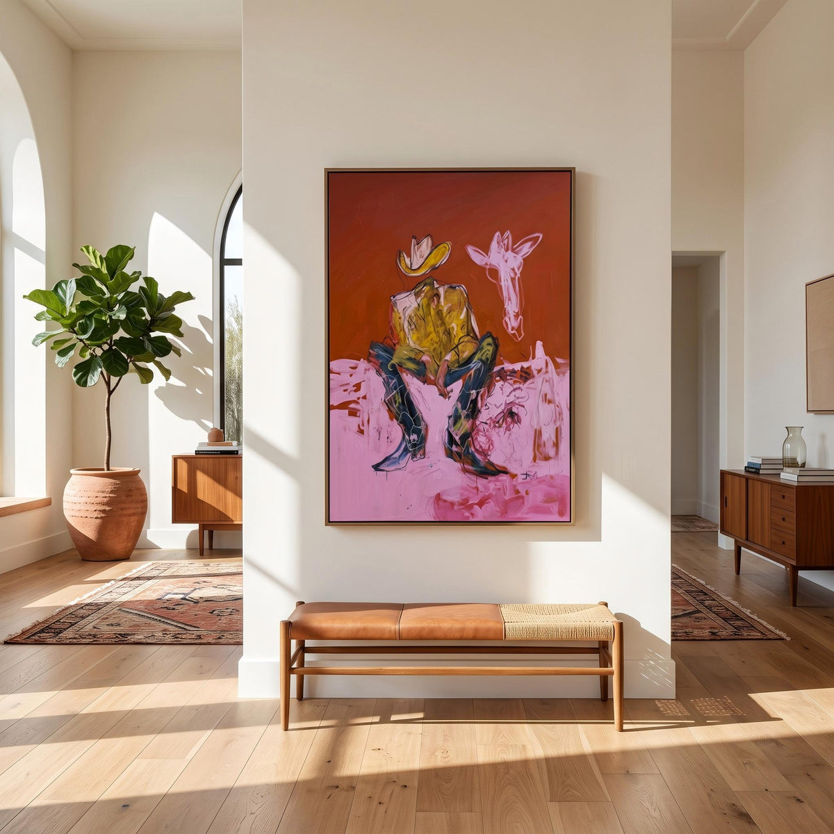 "Squatting faceless cowboy" - Modern Heavy Impasto Western Animal Artwork | Pink Palette Knife Painting | Luxury Vertical Wall Art #PT 2645