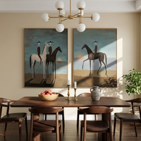 "Twilight Horizon Riders Diptych" – Modern Heavy Impasto Surreal Western Figurative | 3D Teal Dusk & Umber Brown Palette Knife Painting | Luxury Two-Panel Vertical Wall Art Set #AB 519