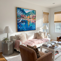 This 100% hand-painted Positano-inspired coastal artwork captures bright hillside homes, a quiet sailboat, and rich sapphire reflections using thick palette-knife texture. The square format gives the piece a balanced, collected-art presence for living rooms, villas, restaurants, and boutique hotel spaces.