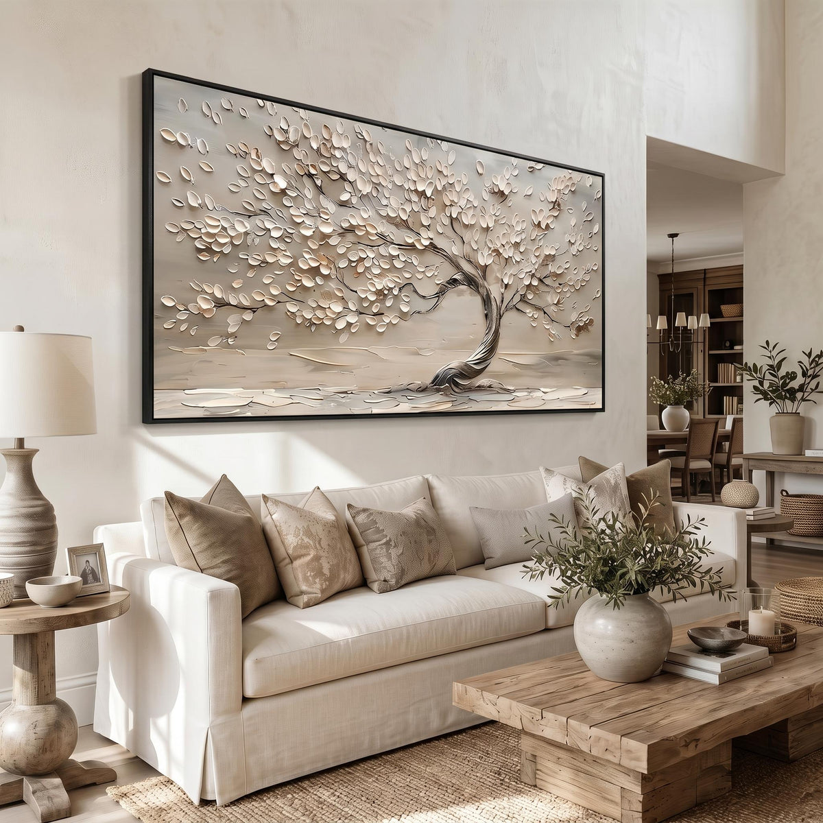 "Life Tree" - Modern Heavy Impasto Botanical Tree Artwork | White Palette Knife Painting | Luxury Horizontal Wall Art #PT 2613