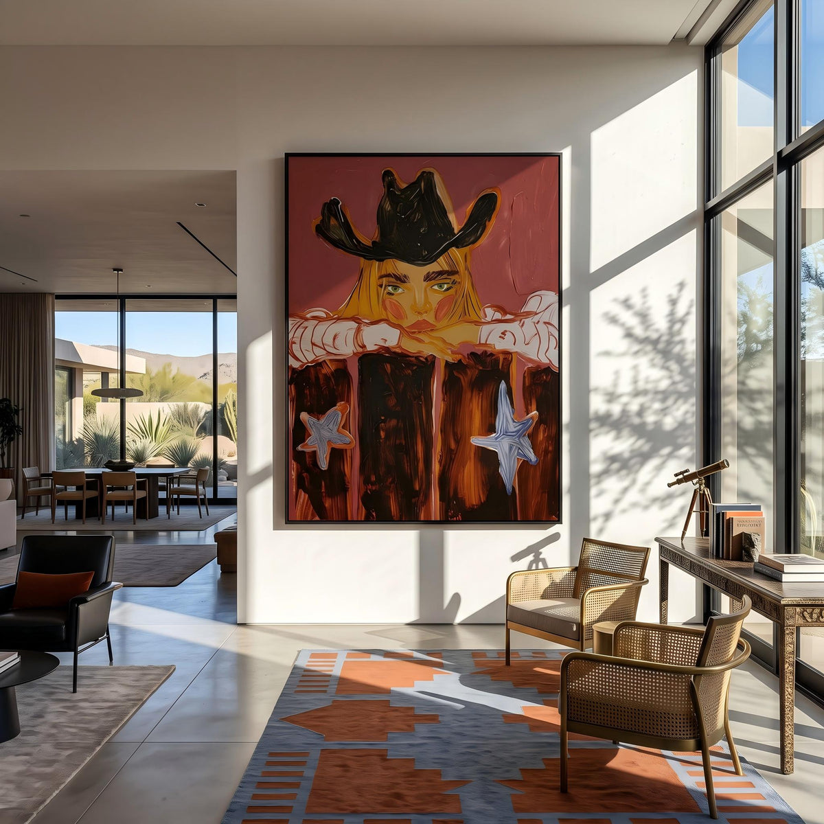 "Western Cowboy Girl" - Modern Heavy Impasto Western Animal Artwork | Orange Palette Knife Painting | Luxury Vertical Wall Art #PT 2647