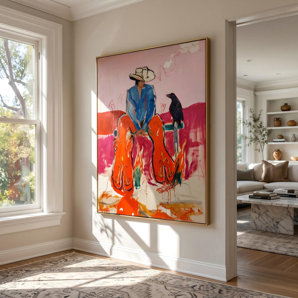 "Crow Cowboy" - Modern Heavy Impasto Western Animal Artwork | Pink Palette Knife Painting | Luxury Vertical Wall Art #PT 2649