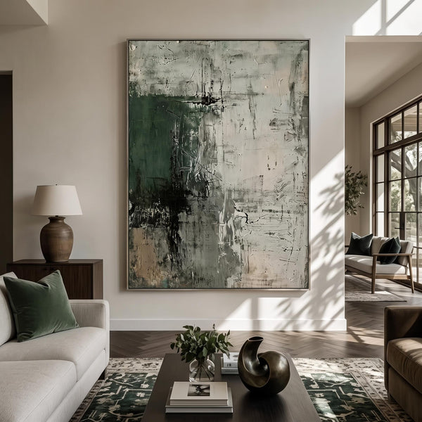 "Dark Green Mottled Texture" - Modern Heavy Impasto Abstract Artwork | Green Palette Knife Painting | Luxury Vertical Wall Art #PT 2608