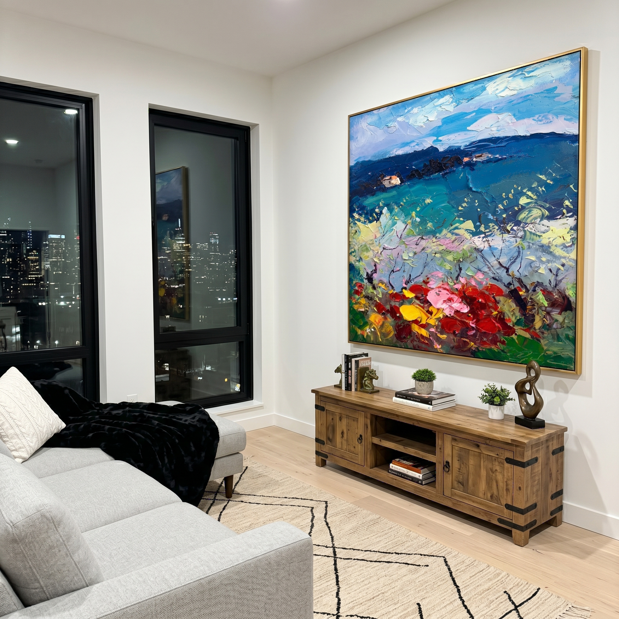 "Mediterranean Floral Vista" – Modern Heavy Impasto Impressionist Landscape | 3D Vivid Azure & Crimson Palette Knife Painting | Luxury Square Wall Art #PT 567