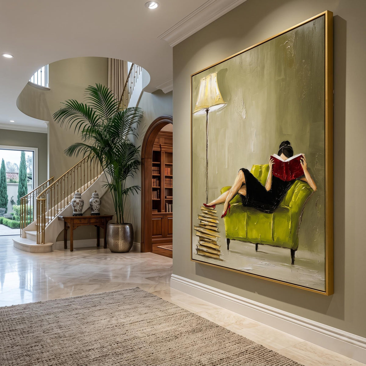 "Woman Reading" - Modern Heavy Impasto Abstract Artwork | Beige & Yellow Palette Knife Painting | Luxury Vertical Wall Art #PT 2611