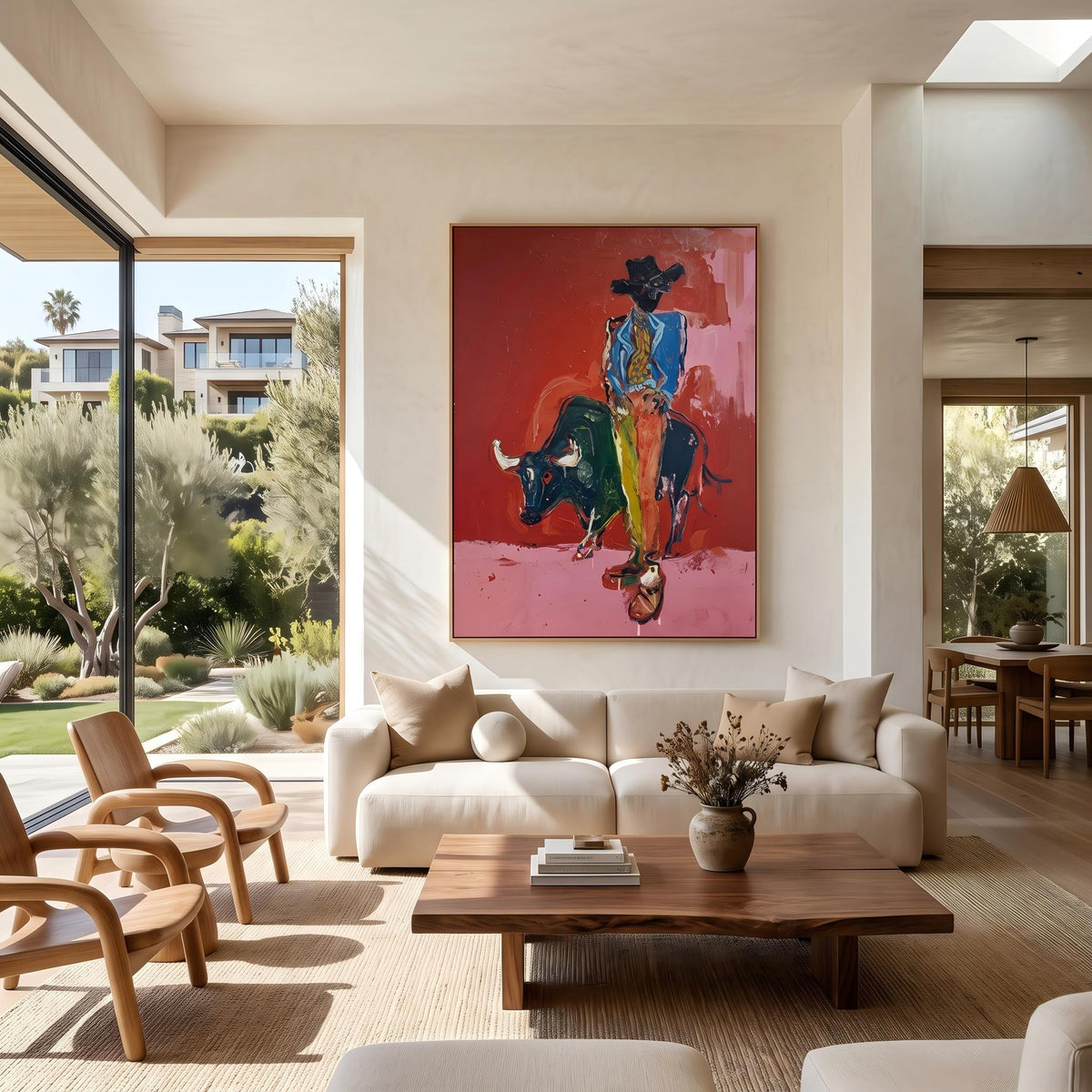 "Bullfighting Western Cowboy" - Modern Heavy Impasto Western Animal Artwork | Pink Palette Knife Painting | Luxury Vertical Wall Art #PT 2648
