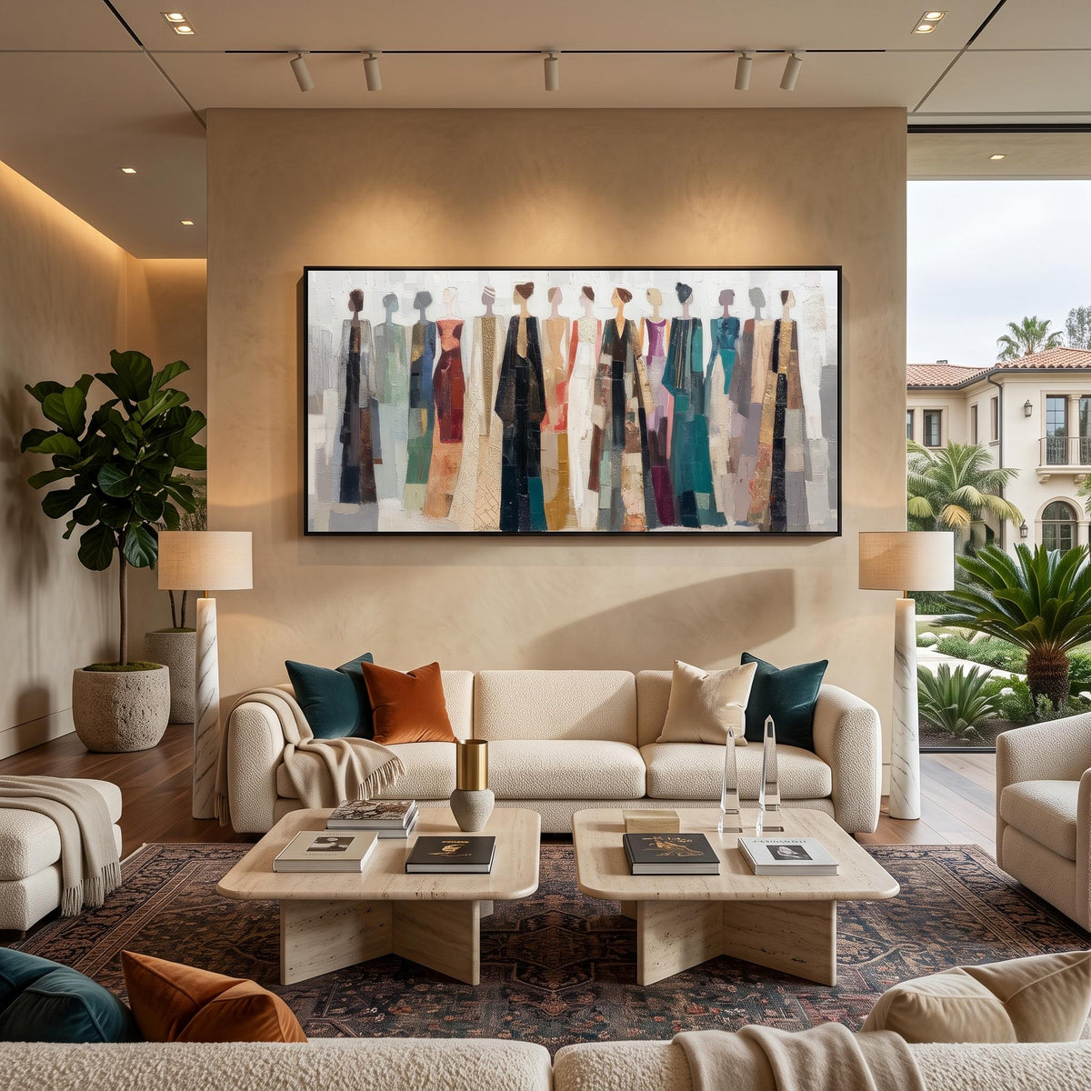 "Colorful Dressed Women Wall" - Modern Heavy Impasto Abstract Artwork | Beige Palette Knife Painting | Luxury Horizontal Wall Art #PT 2619