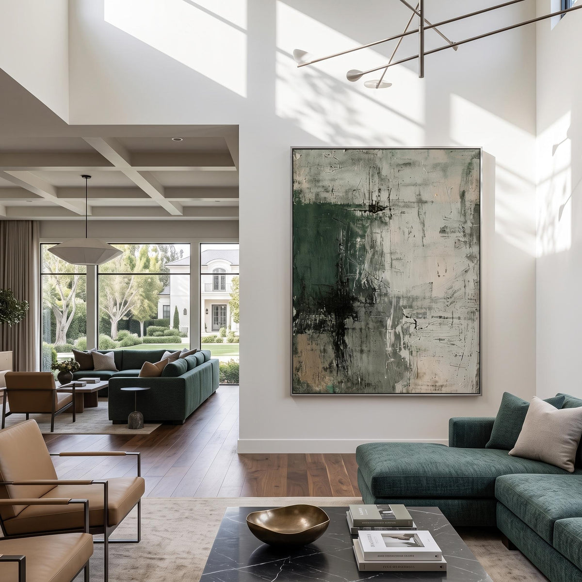 "Dark Green Mottled Texture" - Modern Heavy Impasto Abstract Artwork | Green Palette Knife Painting | Luxury Vertical Wall Art #PT 2608