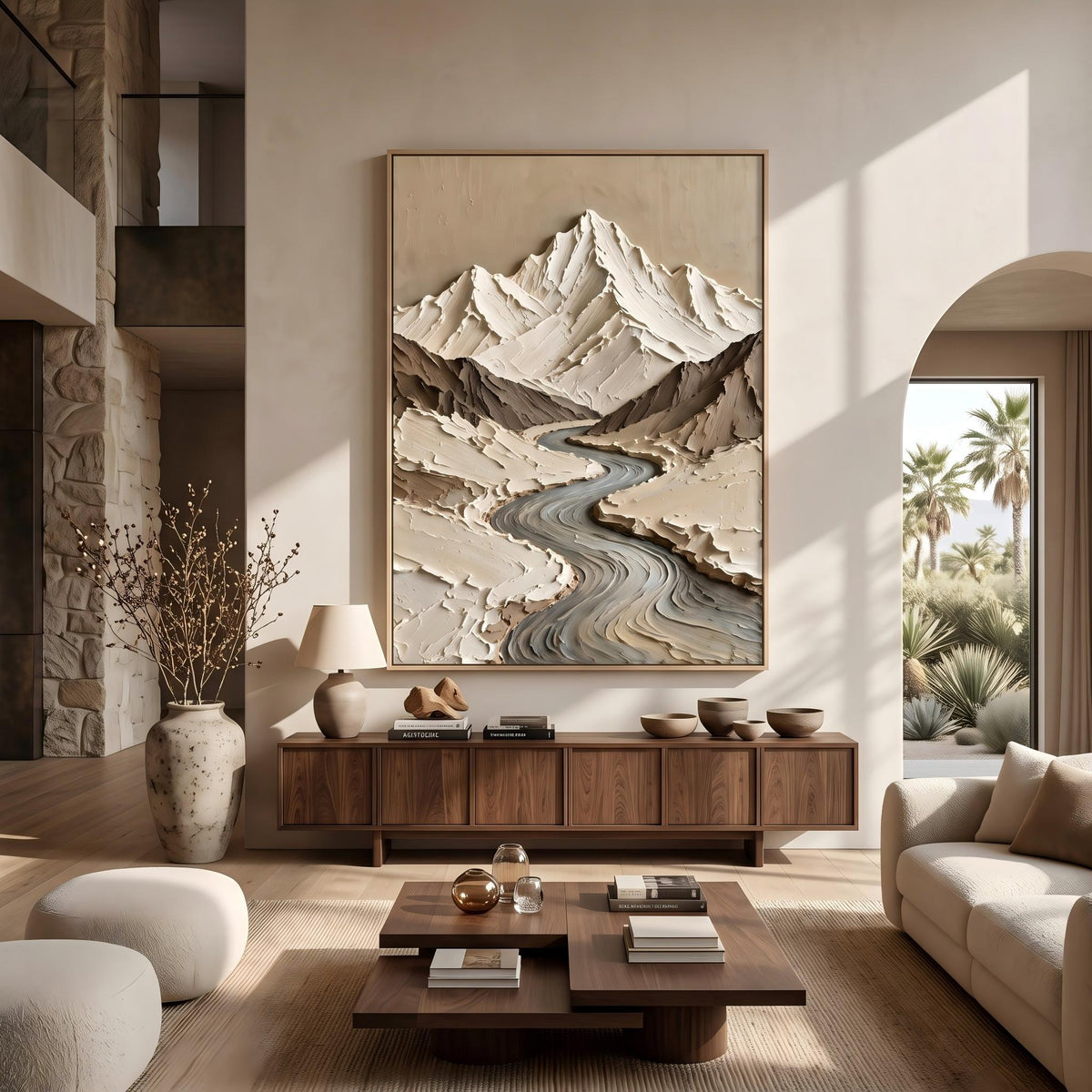 "Thick Impasto Mountain Valley" - Modern Heavy Impasto Landscape Artwork | Beige Palette Knife Painting | Luxury Vertical Wall Art #PT 2602