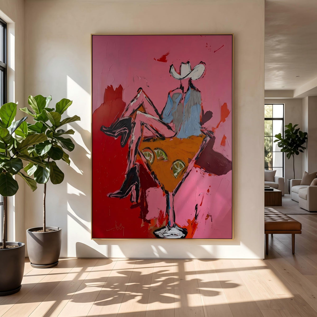 "Pink Cowgirl Cocktail" - Modern Heavy Impasto Western Animal Artwork | Pink Palette Knife Painting | Luxury Vertical Wall Art #PT 2651