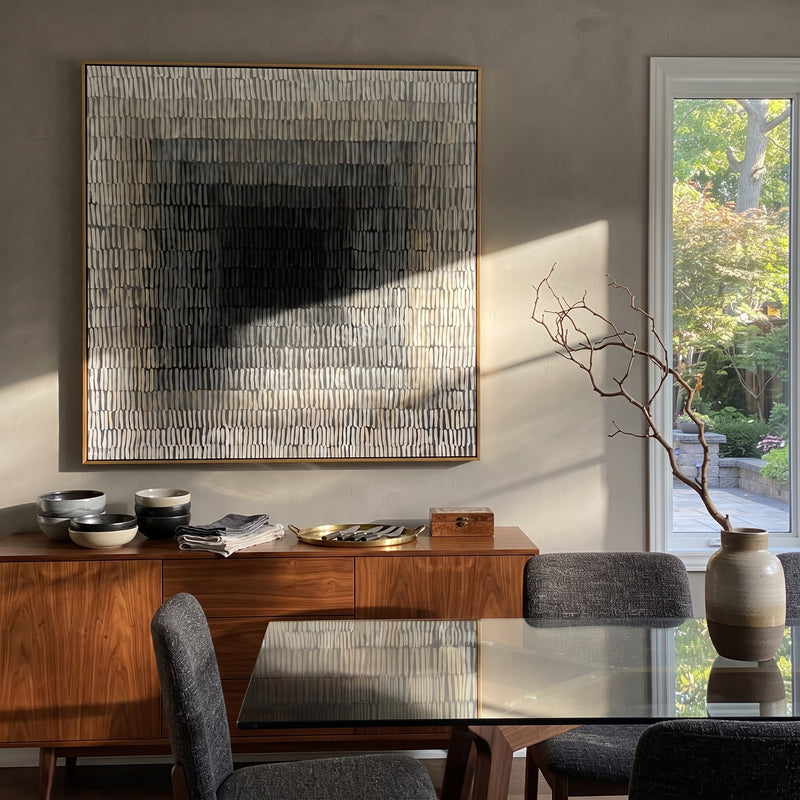 "Monochrome Plaster Grid Textured Painting" - Modern Heavy Impasto Geometric Abstract | Black & White Palette Knife Painting | Luxury Square Wall Art #PT 597