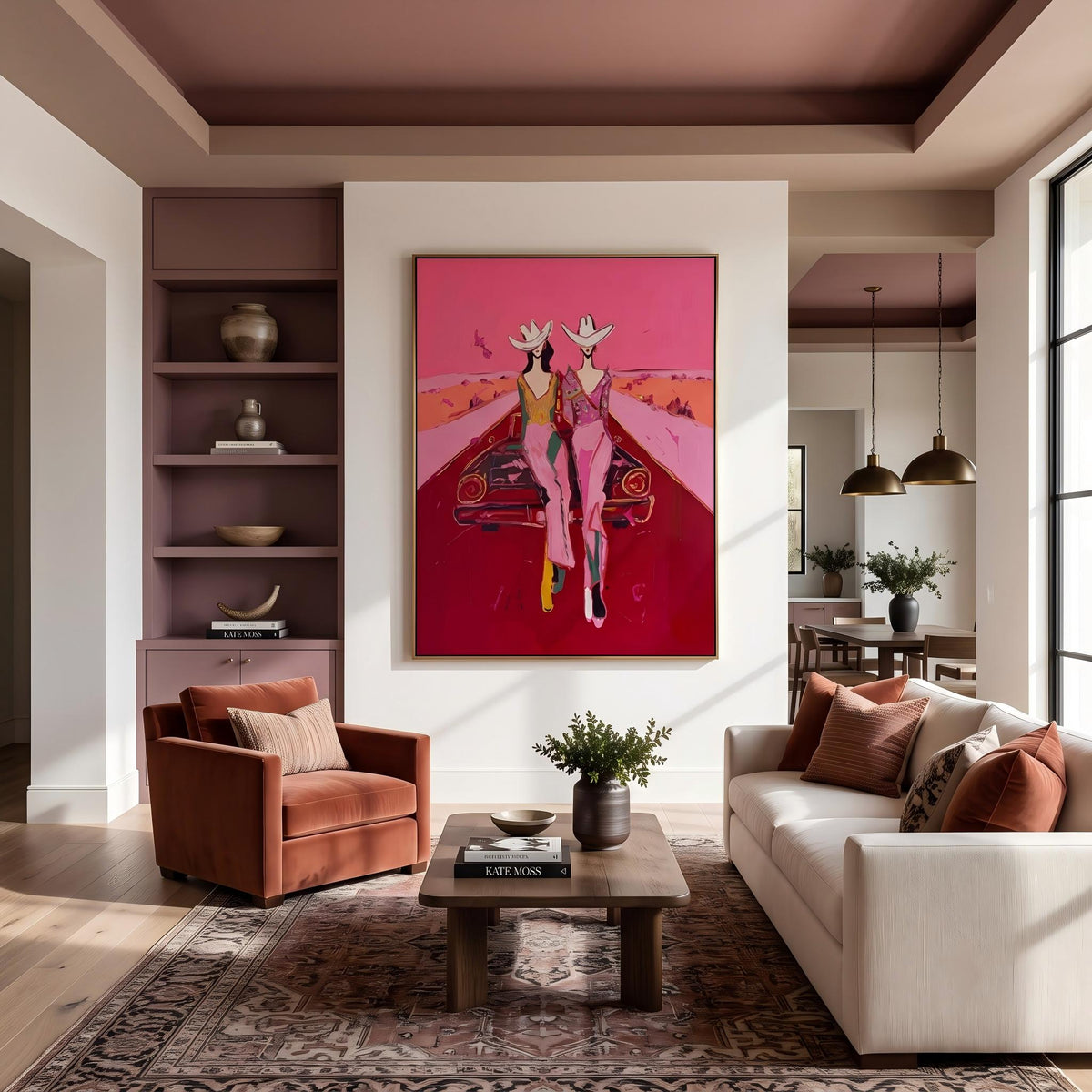 "Cowgirls on the Road" - Modern Heavy Impasto Abstract Artwork | Pink Palette Knife Painting | Luxury Vertical Wall Art #PT 2652