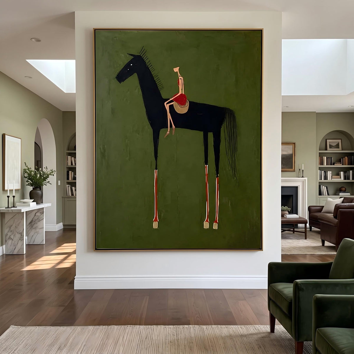 "Black Horse & Rider" - Modern Heavy Impasto Western Animal Artwork | Green Palette Knife Painting | Luxury Vertical Wall Art #PT 2625