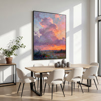 "Lavender Sunset Poppy Meadow" – Modern Heavy Impasto Impressionist Landscape | 3D Dusk Violet & Tangerine Glow Palette Knife Painting | Luxury Vertical Wall Art #PT 571