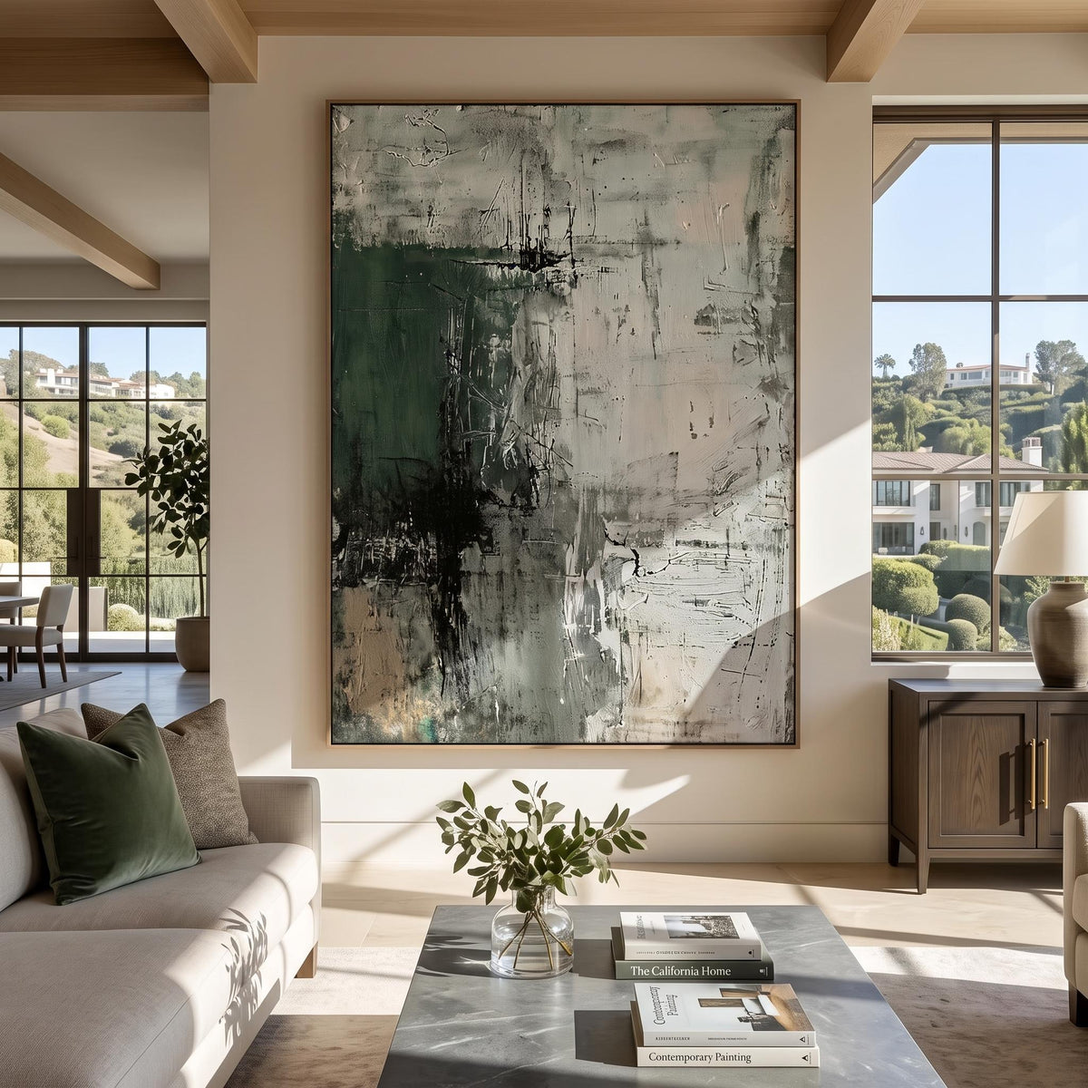 "Dark Green Mottled Texture" - Modern Heavy Impasto Abstract Artwork | Green Palette Knife Painting | Luxury Vertical Wall Art #PT 2608